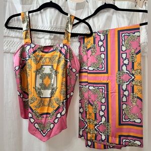 Rachel Zoe Pink Printed Silk Scarf Top and Pant Set